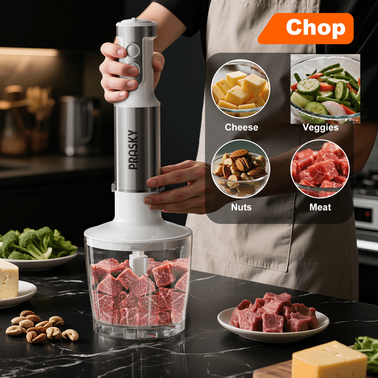 PRASKY Immersion Hand Blender, 6-in-1 Handheld Blender for Kitchen, 20 Speeds Food Processor, Egg Whisk, Milk Frother, Beaker (White)