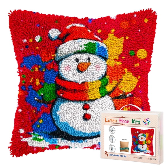 Cartoon Red Merry Christmas Snowman DIY Latch Hook Pillow Kits for Adults Printed Pillowcase Crochet Yarns Hooking Handmade Pillow Cover Cushion for Home Sofa Decoration 17x17inch