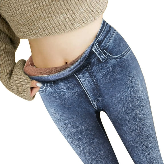 Audhol Winter Jeans for Women Women's Imitation Denim High Waist Loose Thickened Warm Plush Straight Long Pants Stretch Pants Stretch Jeans for Women Light Blue M