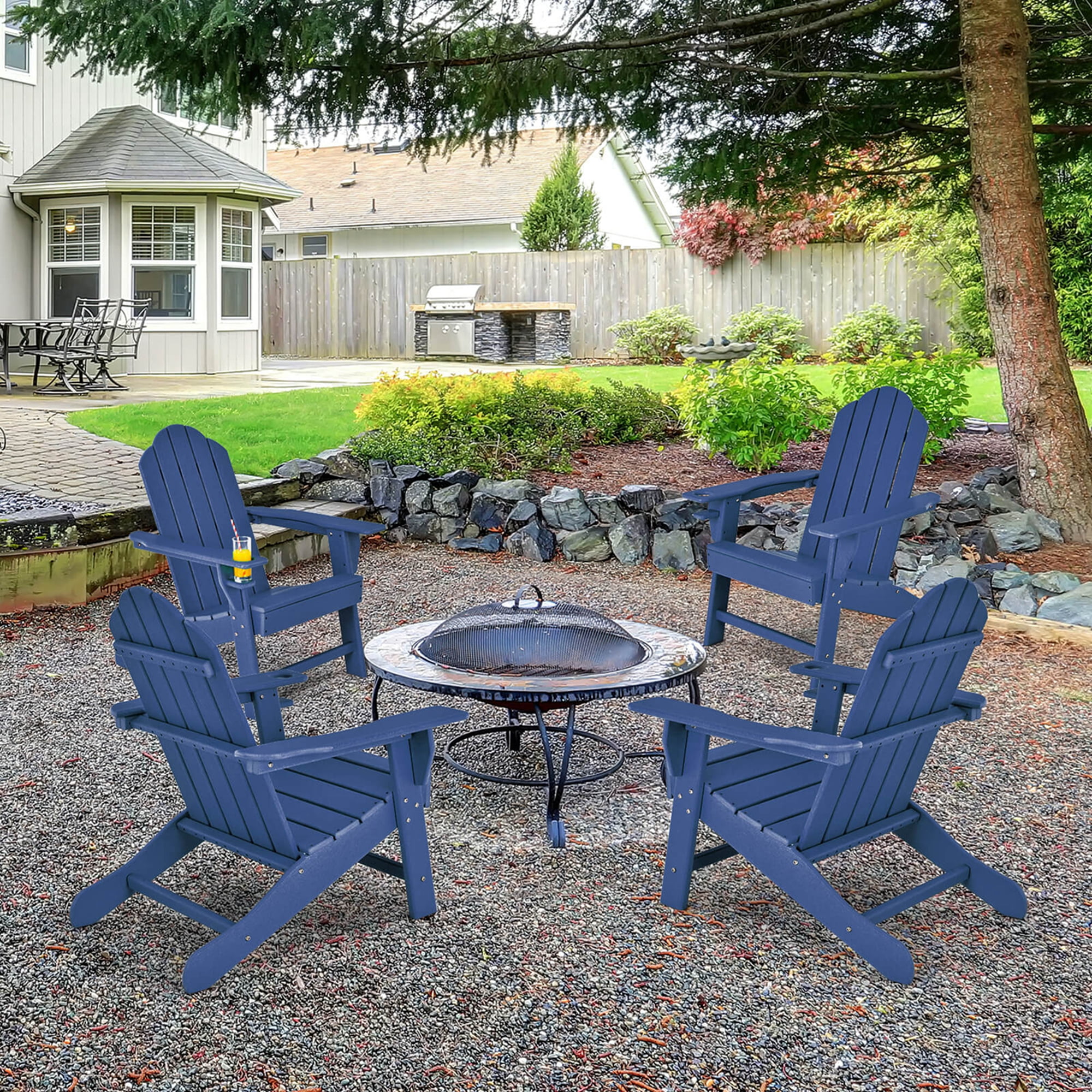 Costway 4 PCS Patio Adirondack Chair Weather Resistant Garden Deck with Cup Holder Navy