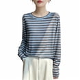 thumbnail image 4 of VEKDONE Womens Striped Crew Neck T-Shirt Long Sleeve Loose Fit Lightweigh Blouses Casual Stretchy Comfy Thin Loungewear Gray XL, 4 of 7