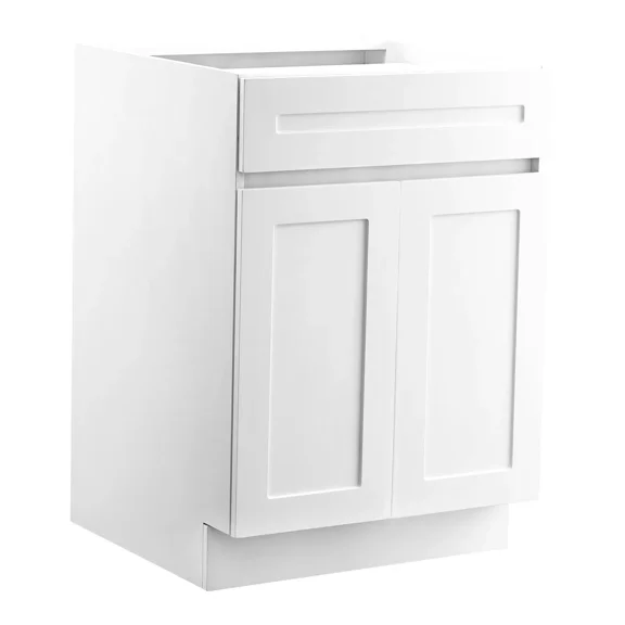 Rocking bed style base cabinet with drawers, white assembled model, dimensions 24x24x34.5 inches.