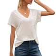 thumbnail image 2 of Camiseta con cuello en V Blusa de verano Color sólido Manga corta Mujer suelta Top, L, Blanco Sweethay AP001219-11, 2 of 7