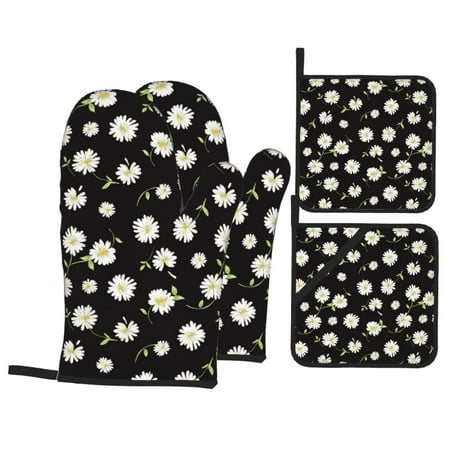 

Oven Mitts and Pot Holders Sets 4 pcs Daisies Flowers Green Leaves Non-Slip Oven Gloves Potholders Soft Quilted Lining Heat Resistant Gloves Hot Pads for Kitchen Cooking Baking