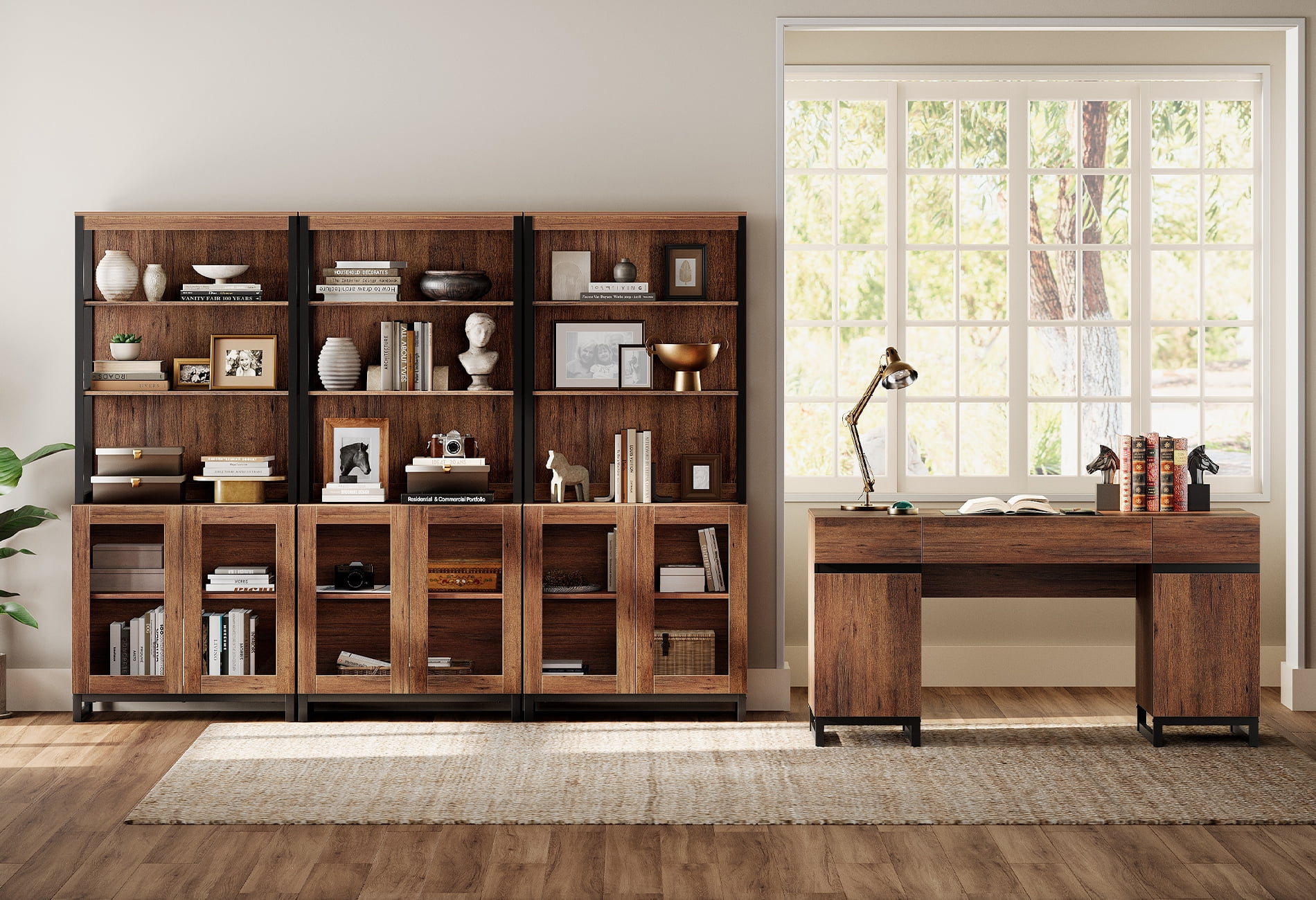 WAMPAT Home Office Furniture Set: 59" Executive Desk with Charging Station and Storage Cabinet, Three 72" Tall Bookcases, Modern Computer Desk and Library Shelf for Work Study, Brown