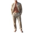 thumbnail image 3 of VBTAPA Mens Linen Sets 2 Piece Outfits Long Sleeve Beach Vacation Set Solid Color Button Down Shirts and Drawstring Long Pants Yoga Track Suit with Pockets Lightning Sale of The Day Khaki XXL, 3 of 6