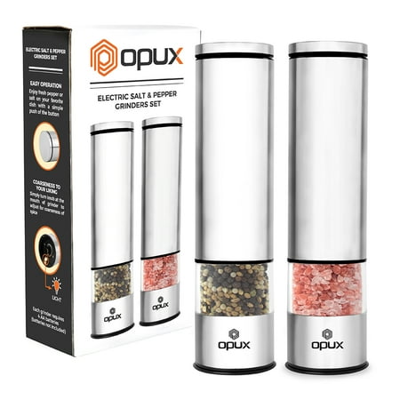 Pepper Grinder Battery Operated OPUX Battery Operated Salt and Pepper Grinder | Automatic Pepper Mill, Electric Salt Shaker with LED Light and Bottom Cover | Corrosion Resistant Stainless Steel, Sleek Modern Design ()
