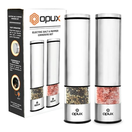 OPUX Battery Operated Salt and Pepper Grinder | Automatic Pepper Mill, Electric Salt Shaker with LED Light and Bottom Cover | Corrosion Resistant Stainless Steel, Sleek Modern