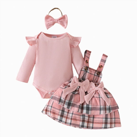 newwalpole Baby Girl Clothes Fall Winter Outfit Long Sleeve Ruffle Romper Plaid Skirt Bow Headband 3 Pcs Set 0-18 Months (Pink, 0-3 Months)