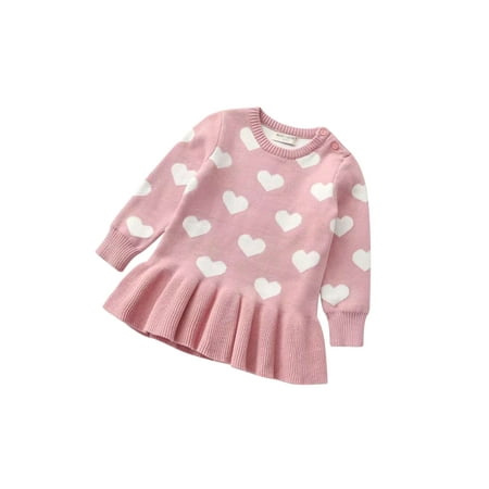 

Tregren Toddler Baby Girl Valentine Dress Kids Heart Long Sleeve Knit Sweater Dress Pleated Dress Fall Winter Outfits