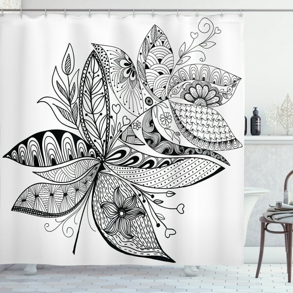 Ambesonne Ethnic Shower Curtain, Eastern Ornate Flower, 69"Wx70"L, Black White
