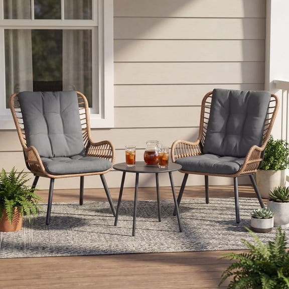 LAUSAINT HOME 3-Piece Patio Furniture Set, High Back Outdoor Bistro with Coffee Table & Gray Cushions for Garden or Deck