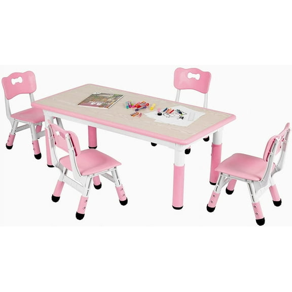 Arlopu Toddler Table & 4 Chairs Set, Height Adjustable Kids Multi Activity Table and Chairs for Drawing, Reading, Studying, Pink