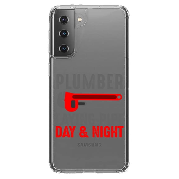 DistinctInk Clear Shockproof Hybrid Case for Galaxy S21  PLUS 5G (6.7" Screen) - TPU Bumper Acrylic Back Tempered Glass Screen Protector - Plumber - Laying Pipe Day & Night