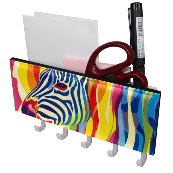 PhooArto Key Holder for Wall Decorative with 5 Key Hooks, Zebra Rainbow Print Holders Wall Mount Organizer with Mail Key Rack, Self Adhesive