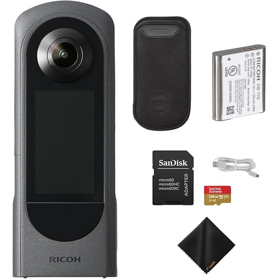 Ricoh Theta X 360 Camera Bundle, Dual 48MP Sensor and 5.7K Video Camera with 128GB Memory Card, SD Adapter and Cleaning Cloth
