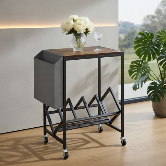 Resenkos Rolling 2-Tier Turntable Stand with Vinyl Storage and Magazine Rack, Rustic Brown