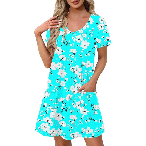 Vestido Corto de Verano Moda Gradiente Corto de Manga en V Cuello Vestido Casual, Poliéster Ligero de Verano, Lavado de Manos