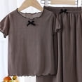 thumbnail image 2 of Kid Girls Ribbed Knit Summer Outfits Short Sleeve Lettuce Trim Crew Neck Casual Basic Tees Shirts with Wide Leg Pants Gray, 2 of 3