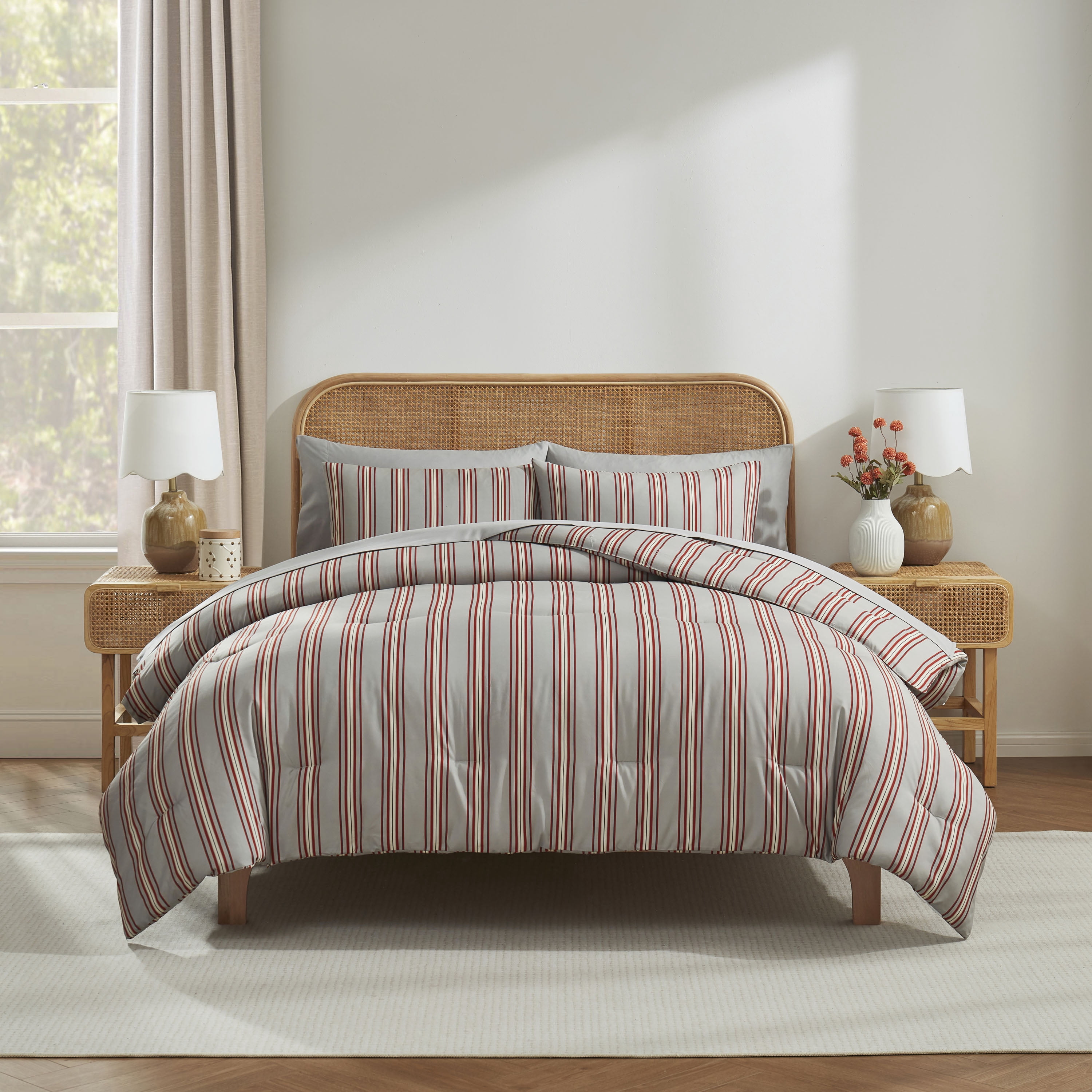 Virtu King Comforter Set, Striped King Size Comforter Set, 7-Pc All Season Bedding Comforter Set, Gray