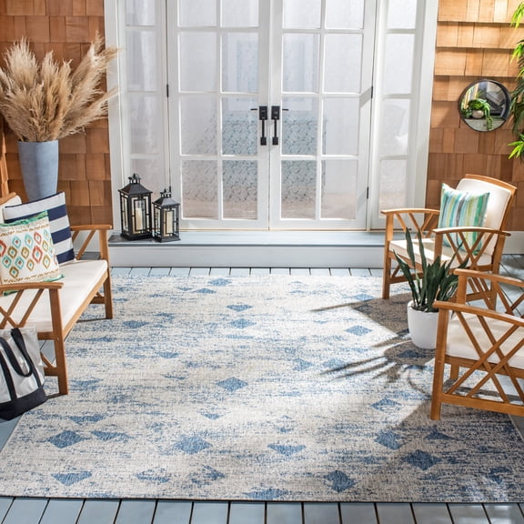 SAFAVIEH Courtyard Constance Abstract Indoor/Outdoor Area Rug, Grey/Navy, 8' x 10'