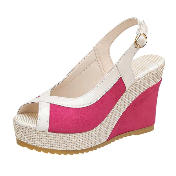 Fiaer Women's Platform Wedges Sandals Open Toe Buckle Slingback Cross Band Slip-On High Heels Vacation Beach Boho Sandals Red 9.5