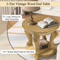 thumbnail image 4 of Antique Natural Round End Table with Lower Shelf - Solid Wood Sofa Side Table, 4 of 10