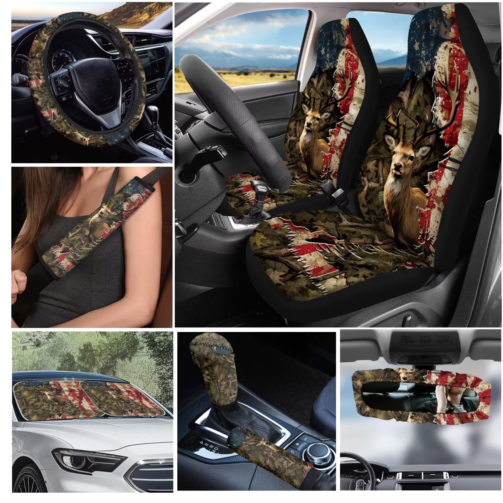 Garronmavis American Flag Forest Deer Car Seat Cover Full Set 16 Pieces Belt Pads Cover Keychain Holder Gear Shifting Knob Cup Mats