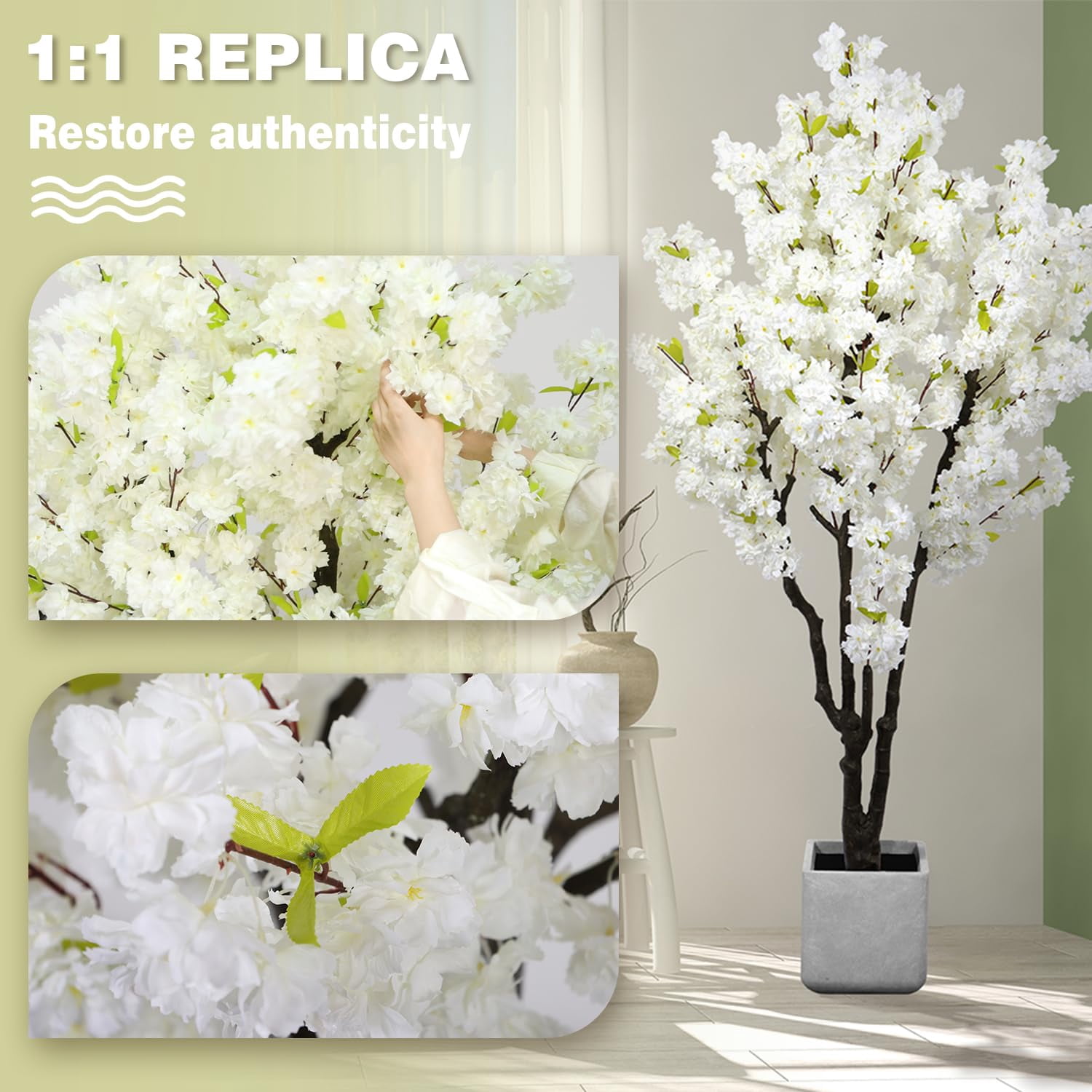 HPNIUB Cherry Blossom Artificial Tree Handmade White Flowers with Faux Leaves Indoor Outdoor Decor for Home Office Spring Party Wedding 6 ft