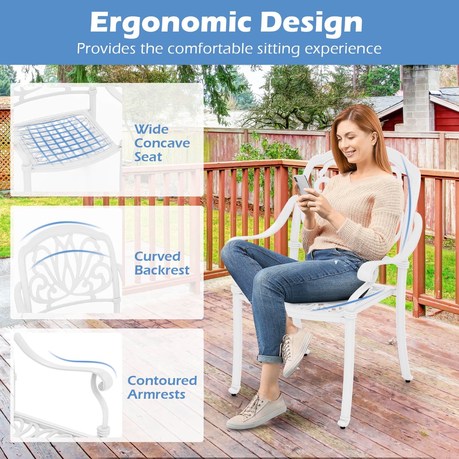 Gymax Set Of 4 Patio Cast Aluminum Dining Chairs Armrests Outdoor Stackable White
