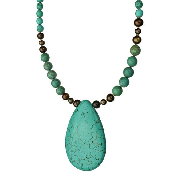 Simulated Turquoise Stone Teardrop Freshwater Cultured Pearl Necklace, 18" 2"