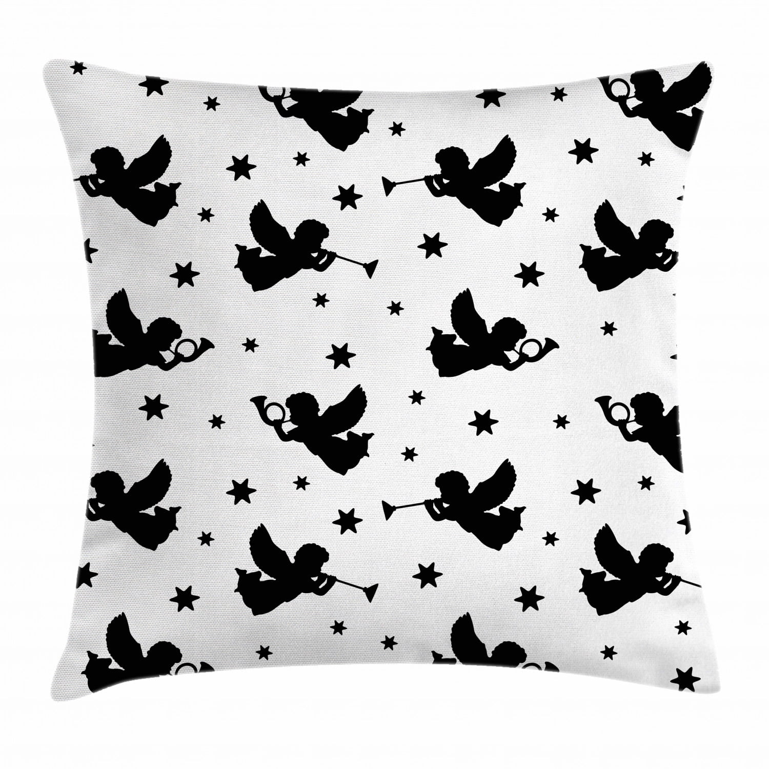 Angel Throw Pillow Cushion Cover, Cupid Icons with Trumpets Angels Sky