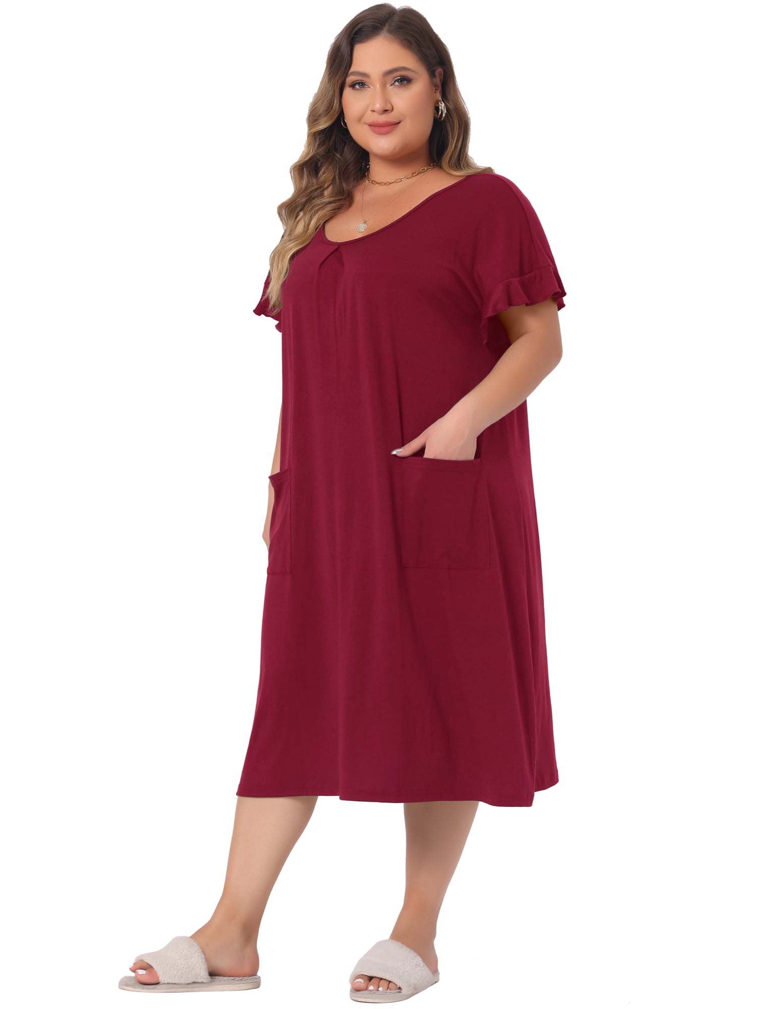 DARING DIVA Women's Plus Nightgown Short Sleeve Round Neck Soft Nightshirt 2X Wine Red