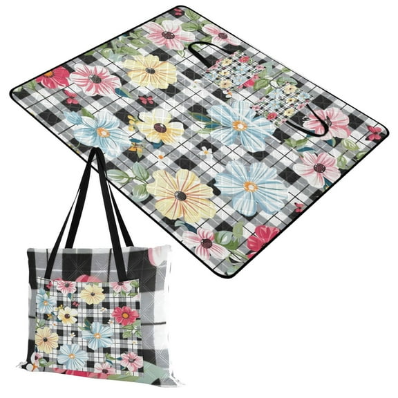 Flowers on Checkered Extra Large Picnic Beach Blanket Waterproof Sand Proof Portable Outdoor Mat 60x80