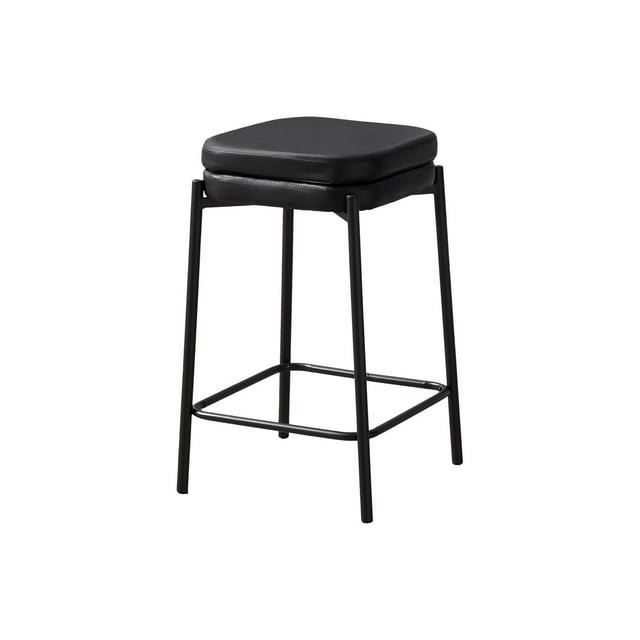Contemporary black counter height barstool featuring a cushioned leather-look seat and sturdy black metal frame, ideal for kitchen use.