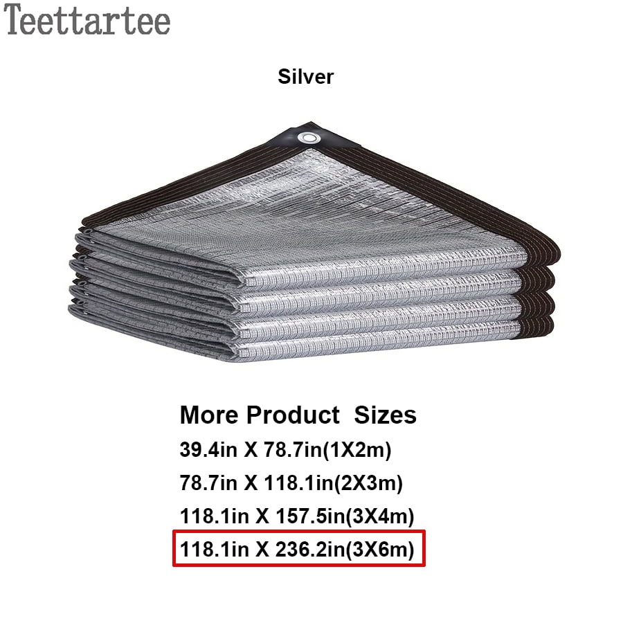 Teettartee Outdoor Reflective Shade Cloth, Silver, 118.1”x 236.2”(3 x 6 m), Aluminum Reflective Sun Shade Cover, Deflect Heat For Cars,Tents,Dog And Hen House, Garden, Patios, Porches, Swimming Pools
