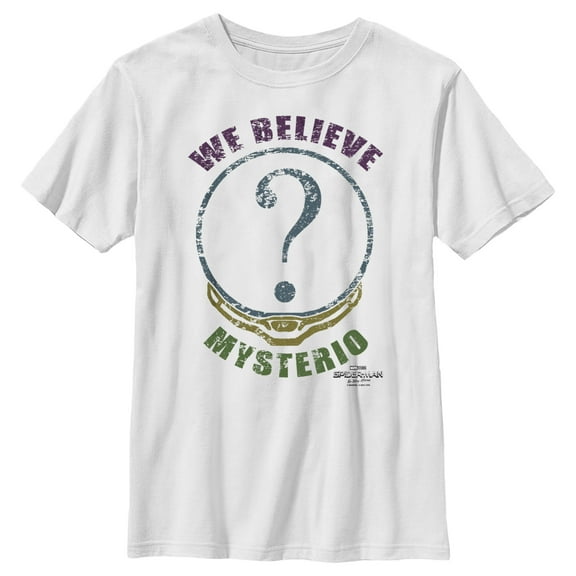 Boy's Marvel Spider-Man: No Way Home We Believe Mysterio Distressed Graphic Tee White Large