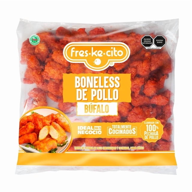 Boneless Freskecito sabor buffalo por kg, trozos empanizados de pechuga de pollo 100% cocinados con sabor ligeramente picoso, listos para calentar en airfryer o sartén en 8 minutos, ideales para botanas y reuniones familiares, opción práctica para comidas rápidas y divertidas.