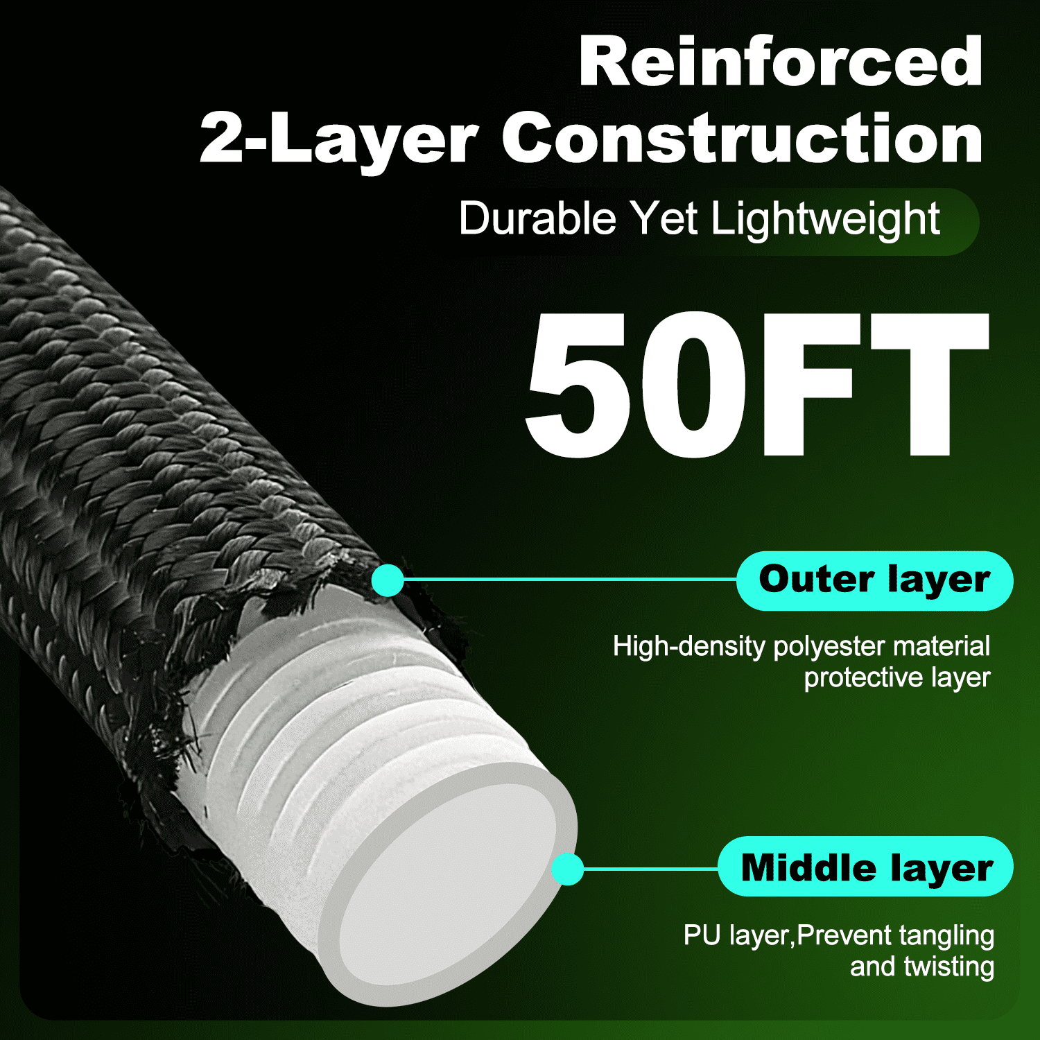 Garden Hose 50FT Non-Expandable Lightweight Water Hose with 10-Function Spray Nozzle, Kink-Free Leak-Proof Hose for Yard Lawn Garden Car Wash