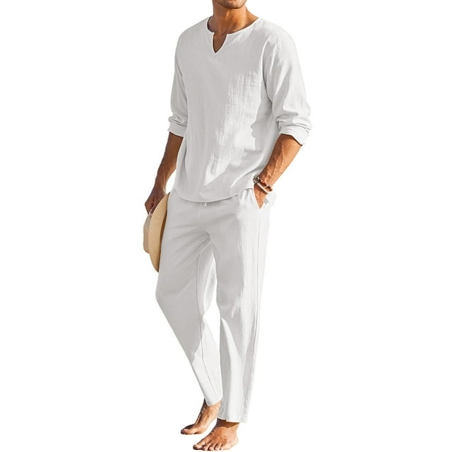 Sunloudy 2 Pieces Men's Summer Fall Cotton Linen Clothes Solid Color Long Sleeve Shirt + Elastic Waist Pants Casual Set