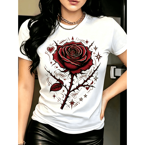 Women's White Crew Neck Short Sleeve Cotton T-Shirt, Vintage Dark Thorn Black Rose Floral Flat Graphic Tee, Soft Breathable Casual Summer Top for Daily Sports Leisure Outfits