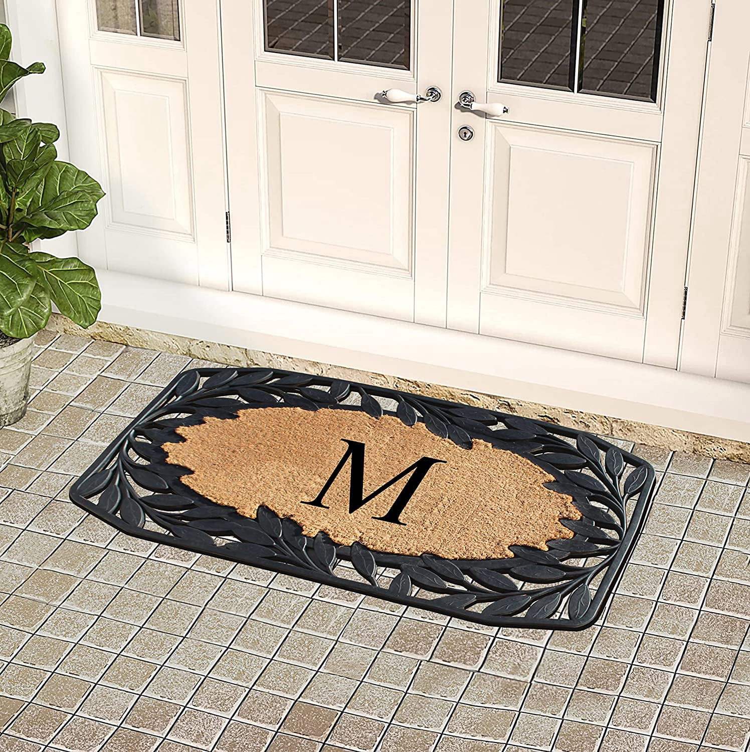 A1 Home Collections Floral Black, Beige, Multi-color Rubber and Coir Doormat for Outdoor Entrance Non Slip Backing Front Door Mat, 23" x 38"