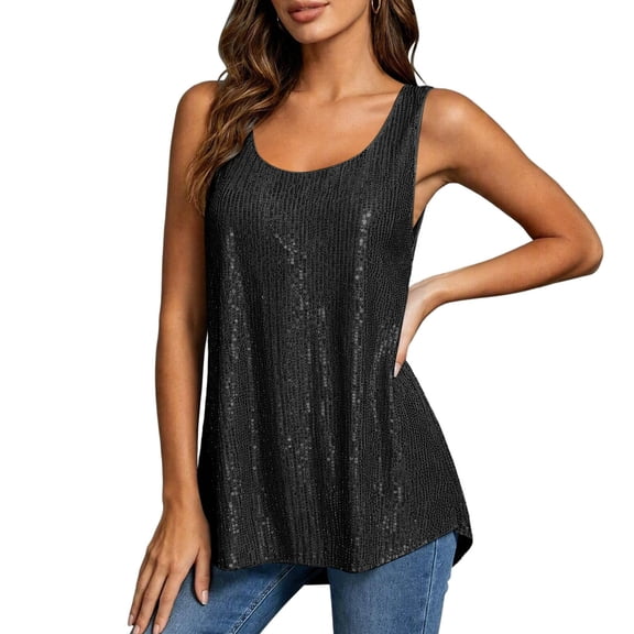 POROPL Women's Tank Tops Sequin Loose Fit Sleeveless Scoop Neck Shirt Party Casual Wear Size S-5XL