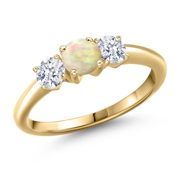 Gem Stone King 10K Yellow Gold White Ethiopian Opal and White Zirconia Engagement Ring for Women | 0.80 Cttw | Round Cabochon 5MM | Gemstone October Birthstone | Size 6