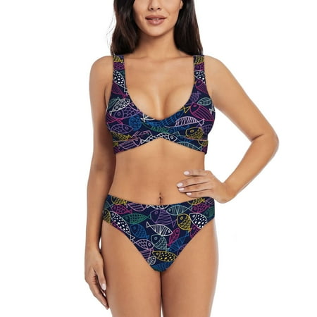 Zeuib Cute Line Fish High Waisted Tummy Control Bikini Set - Knot Front Push Up Top & Cheeky Thong Bottom  Two-Piece Swimsuit for Women-XX-Large
