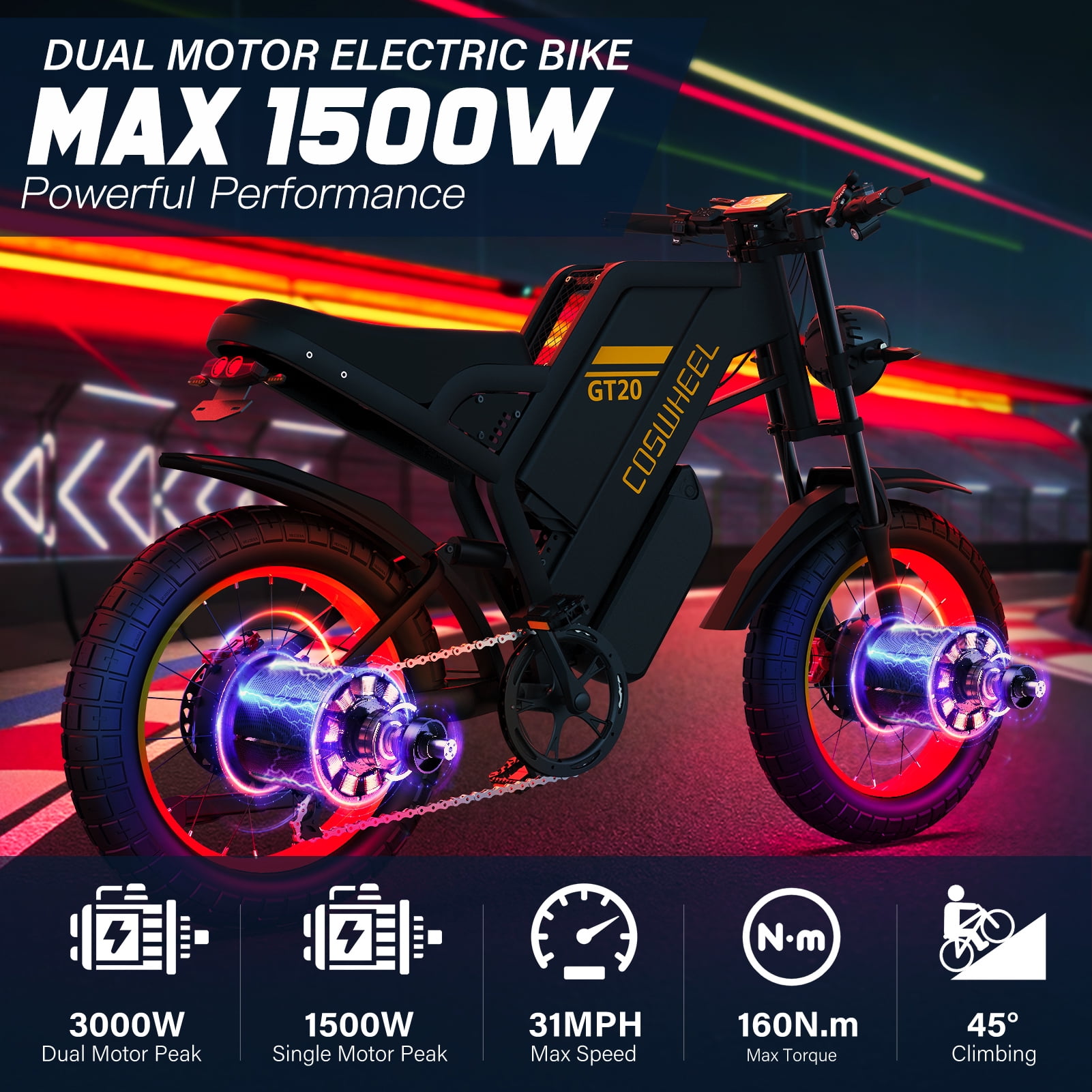 COSWHEEL GT20 Pro Electric Bike for Adults MTB 160Nm, with 48V/25Ah Removable Battery, Up to 31MPH & 145 Miles,UL2849, Electric Motorcycle with 7-Speed, 20" x 4.0 Fat Tire Ebikes for Adults