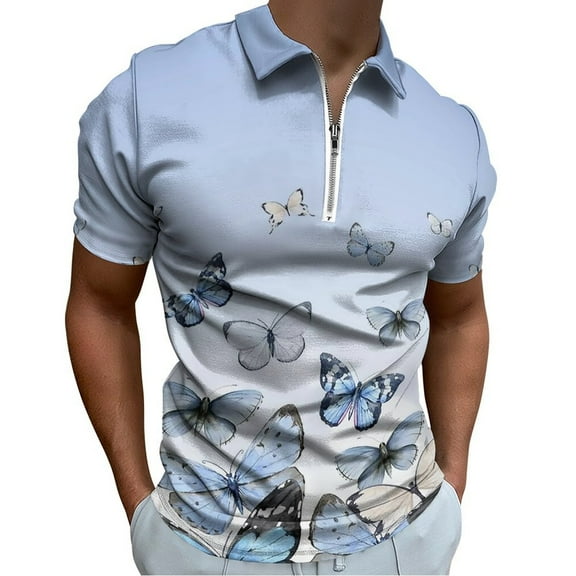 Blue Gradient Butterfly Men Zipper T-shirt Summer Casual Short Sleeve T-shirt Top