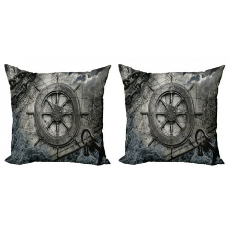 Ships Wheel Throw Pillow Cushion Cover Pack of 2, Retro Navigation Equipment Illustration Steering Helm Charts Anchor Chains, Zippered Double-Side Digital Print, 4 Sizes, Charcoal, by