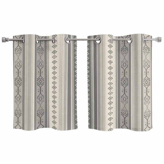 Boho Stripes Kitchen Curtains Small Short 39 Inch Length, Beige Geometric Modern Flower Stripe Grommet Top Bedroom Living Room Curtains, Light Filtering Cafe Curtain Drapes 2 Panels Set 55''x39''