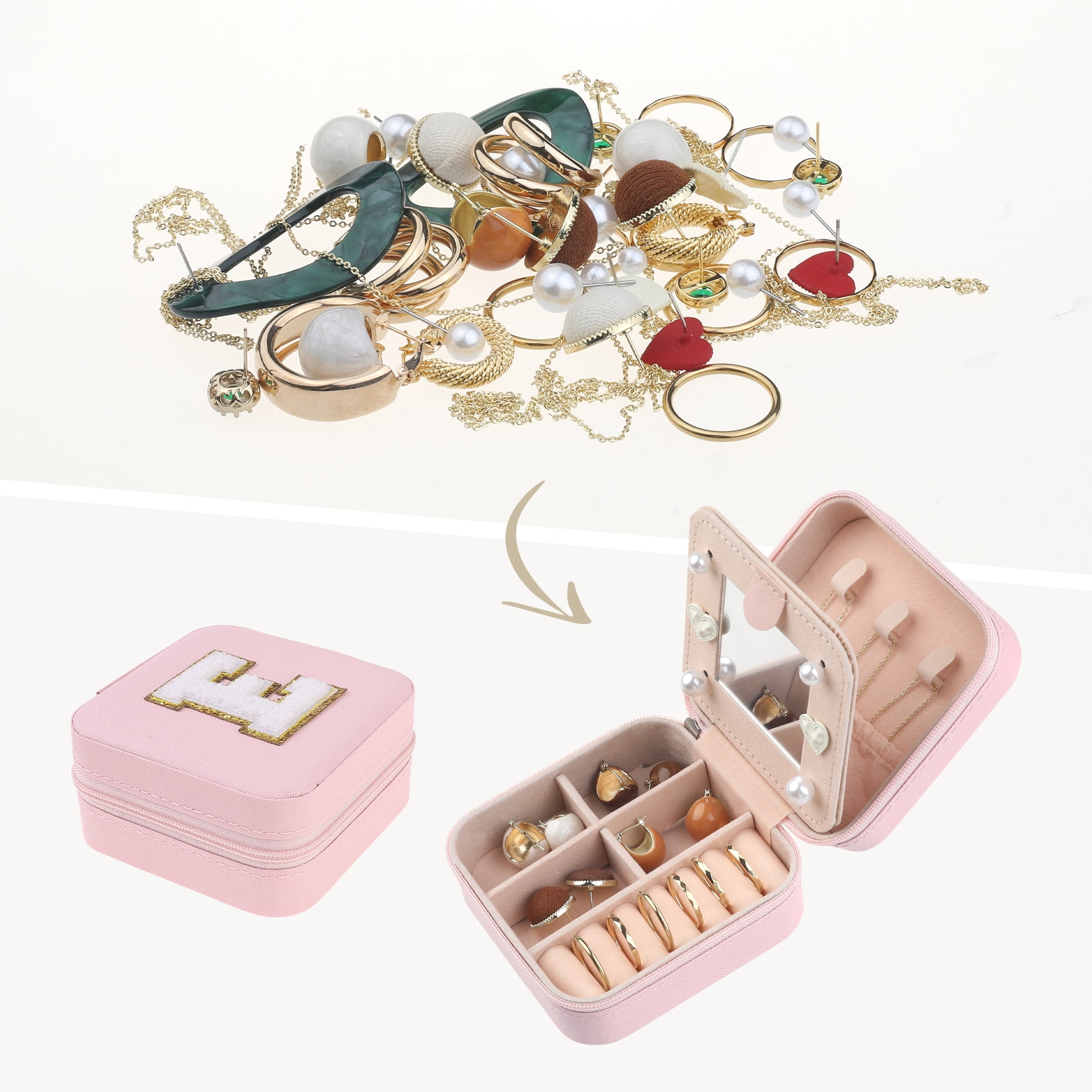 Unique Bargains Jewelry Boxes with Mirror Mini Portable PU Leather Jewelry Organizer Case Pink Letter E
